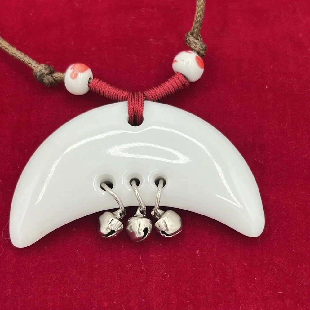 Pink‎ White Floral Painted Ceramic Flower Pendant  Necklace Vintage